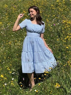 Gathered Gingham Midi Dress in Light Blue
